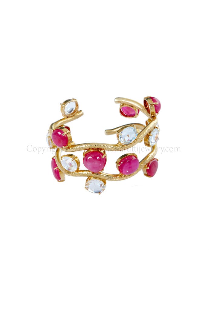 Ruby Cabochon and White Topaz Facet Bangle by Warutti