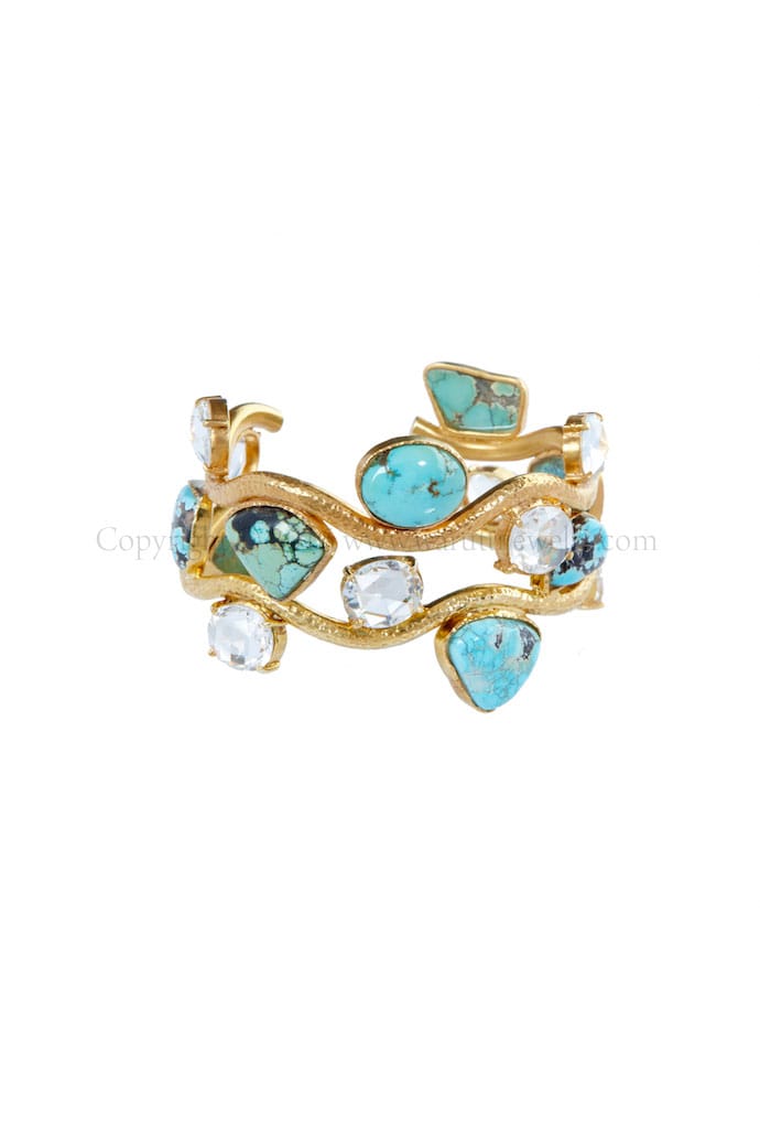 Turquoise Cabochon and White Topaz Facet Bangle by Warutti