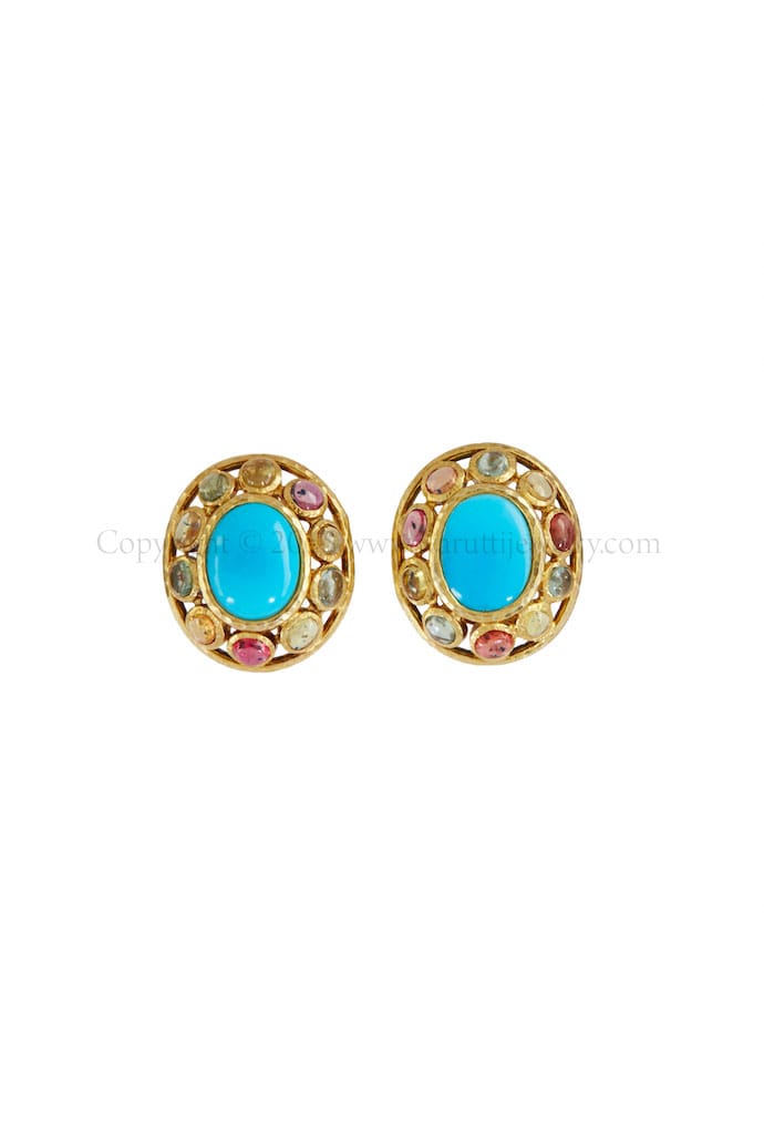 Turquoise and Fancy Sapphire Stud Earrings by Warutti