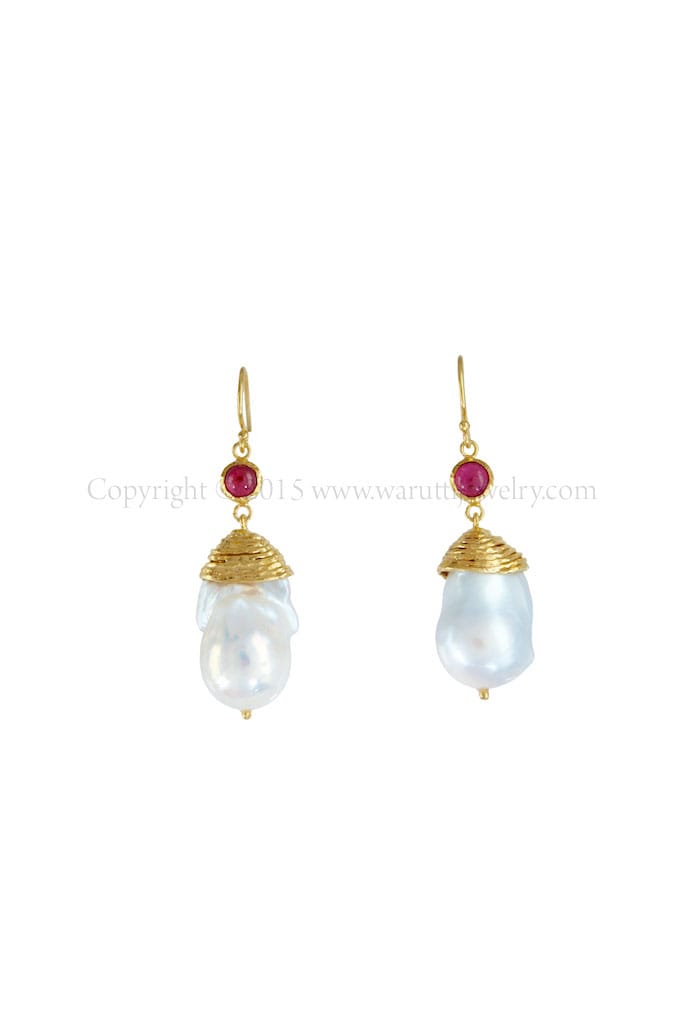 Ruby and Baroque Fresh Water Pearl Earrings by Warutti