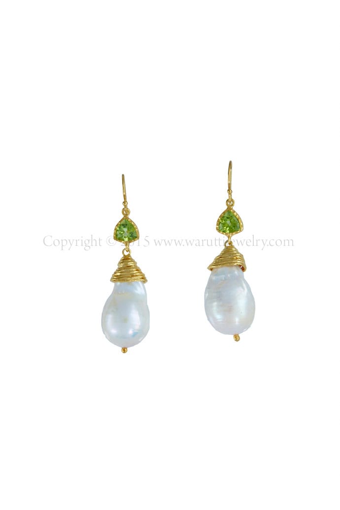 Peridot and Baroque Fresh Water Pearl Earrings by Warutti