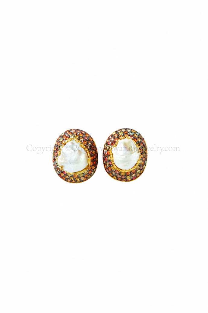 Elegant Baroque Pearl and Fancy Sapphire Earrings by Warutti