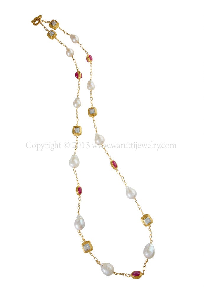 Baroque Fresh Water Pearl, Ruby and White Topaz Necklace by Warutti