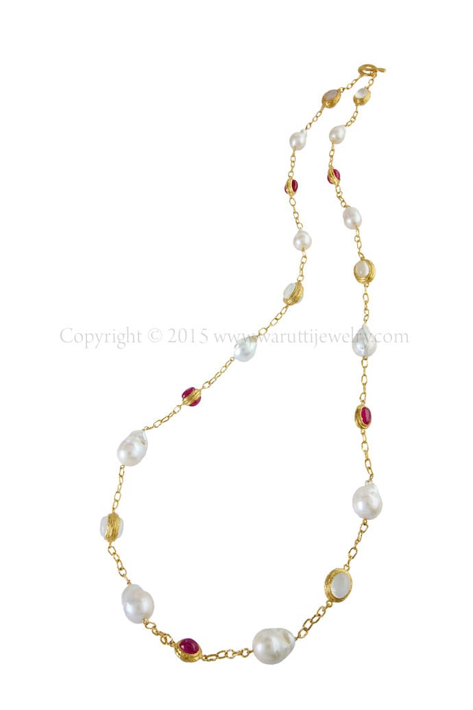 Baroque Fresh Water Pearl, Ruby and White Moonstone Necklace by Warutti