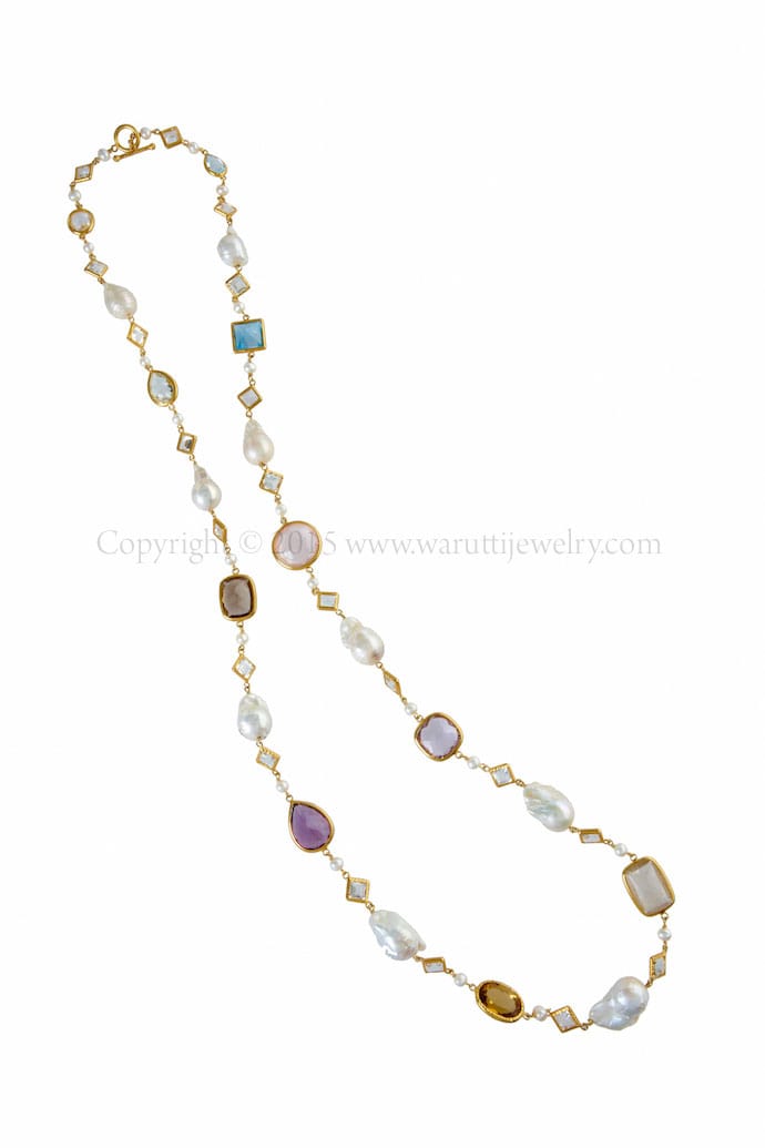 Baroque Fresh Water Pearl and Fancy Gems Necklace by Warutti