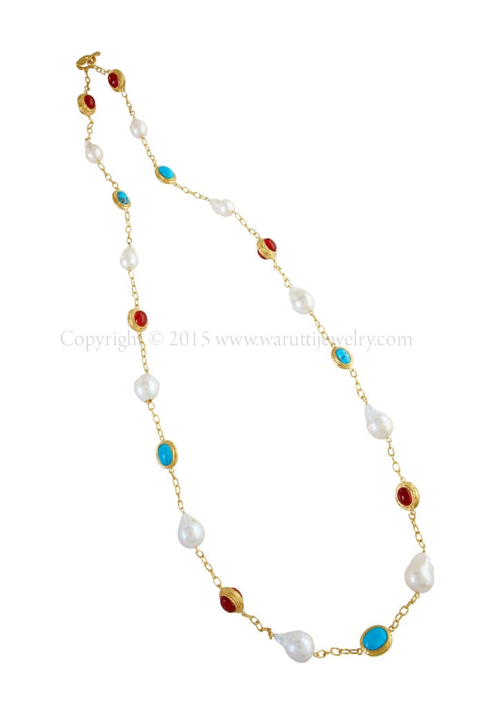 Baroque Fresh Water Pearl, Turquose and Carnelian Cabochon by Warutti