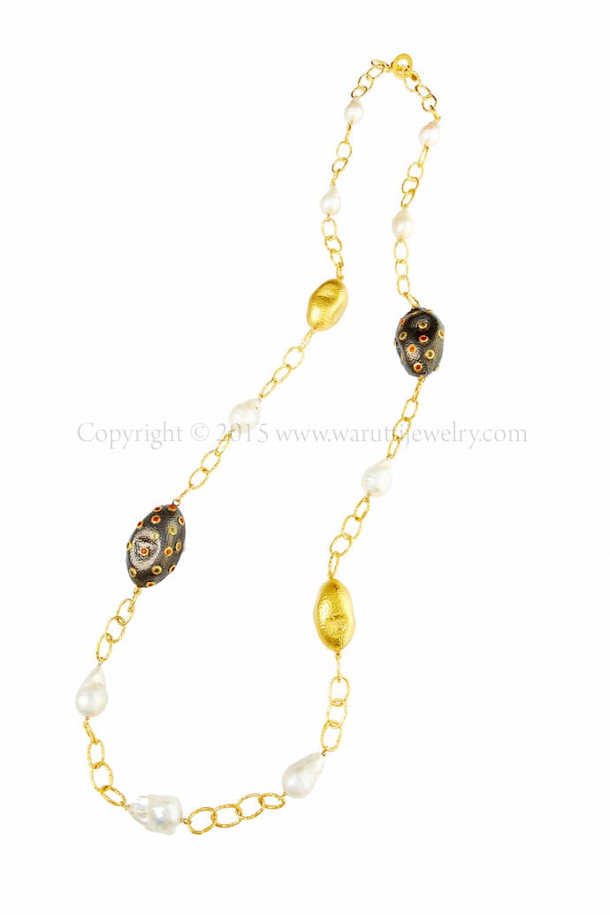 Fancy Sapphire and Baroque Fresh Water Pearl Necklace by Warutti