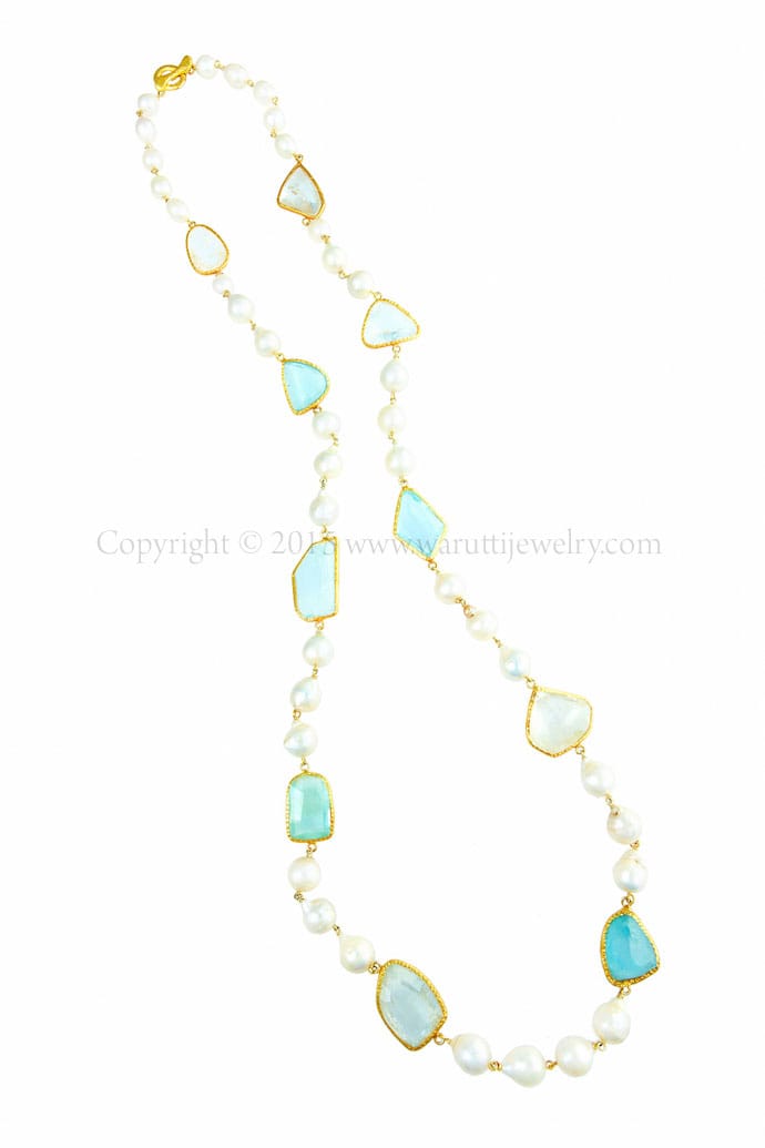 Free Form Aquamarine and Baroque Fresh Water Pearl Necklace by Warutti